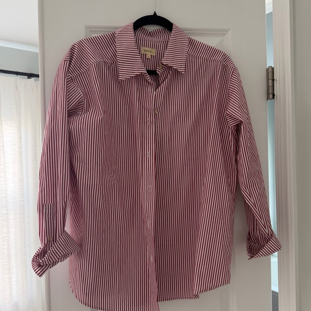 DONNI. Deep red and White Striped Blouse